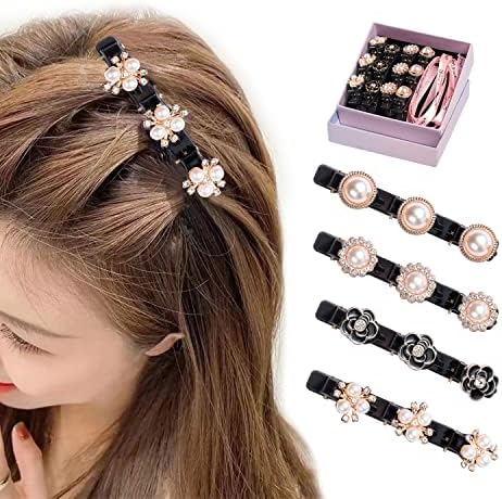 4PCS Sparkling Crystal Stone Braided Hair Clips with 3 Small Clips, Pearl shaped hairpin duckbill clip,Braided Hair Clip with Rhinestones for Women/Girls (Pearl)