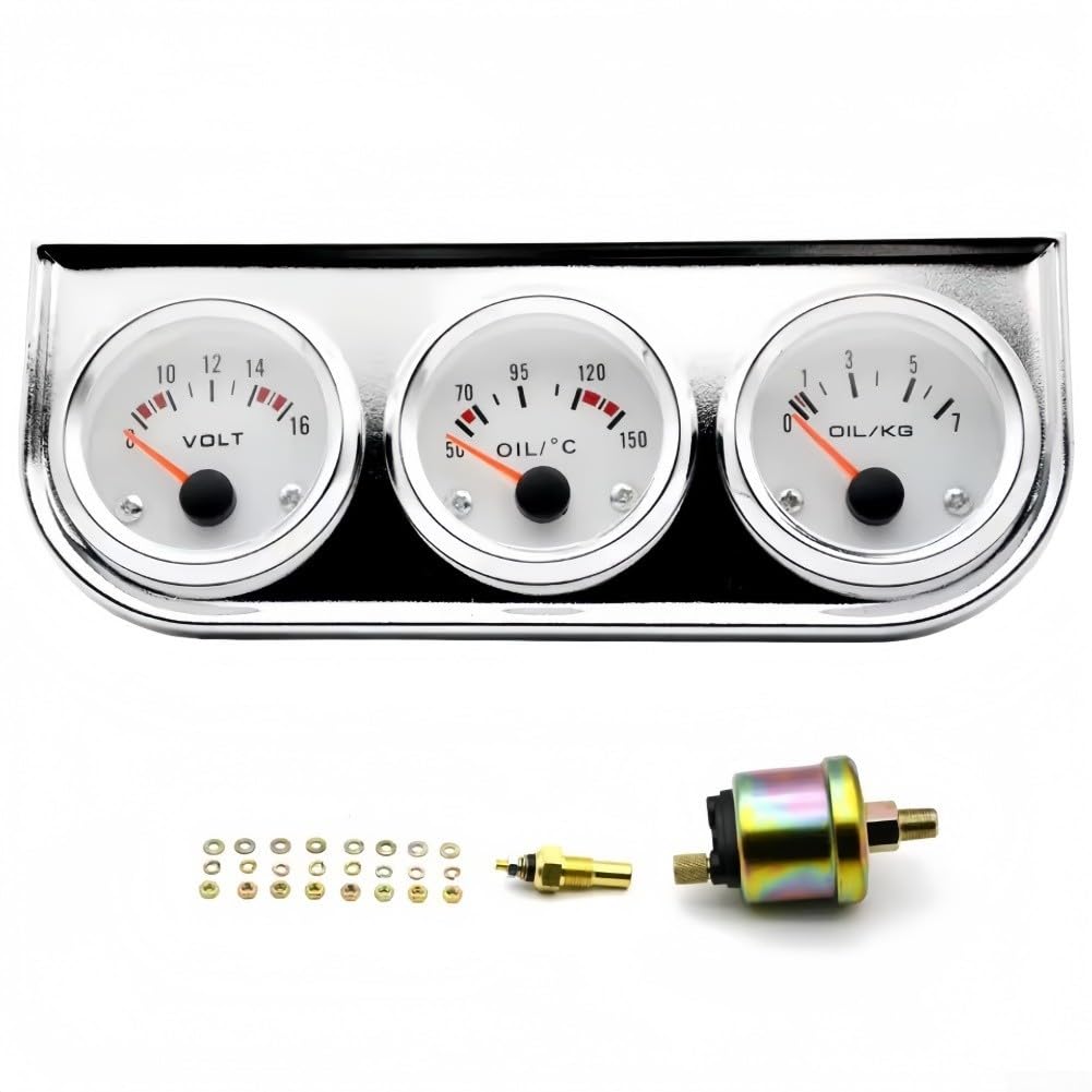Lot de 3 jauges analogiques 12 V pour tableau de bord de voiture, contrôle de la température d'huile, de la pression et de la tension (blanc)