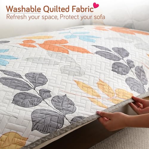 Image of HOKIPO 'Homehues Series' Printed Quilted Sofa Cover Mat for 5 Seater Set - Multicolor Leaves (IN-806 * 2 + IN-809 - D2)