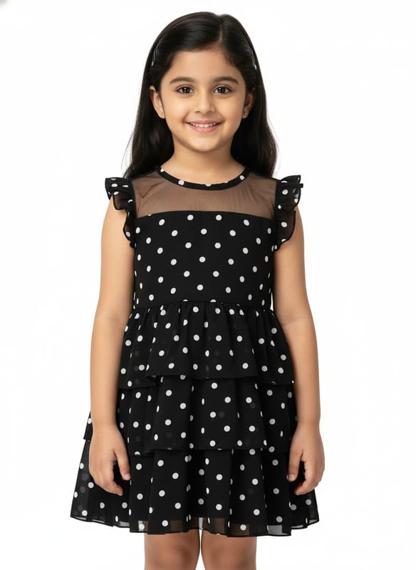 BRENO Kids Girl’s Crepe Polka Dots Tiered Layered Fancy Sundress || Sleeveless Elastic Waist Party Tulle Baby Dress