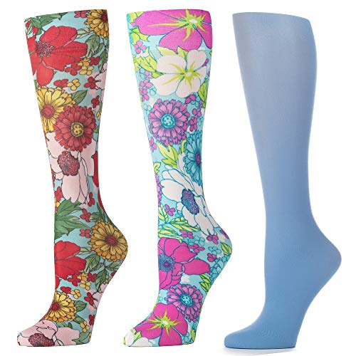 Celeste Stein Therapeutic Compression Socks for Women, 8-15mmhg Mild, Set Of 3, Made In Usa, Help Leg Circulation Bright Garden Floral Queen, 3count