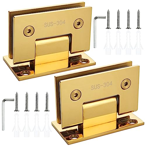 2 Pack 90 Degree Glass Door Hinges Frameless Heavy Duty Stainless Steel Shower Door Hinge Bathroom Gate Clamp for 8-12 mm Glass Shower Doors Hinge Replacement Part Wall-to-Glass (Titanium Gold)