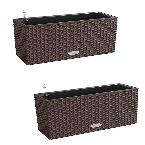 Lechuza Set of 2 BALCONERA Cottage 50 Self Watering Planter Plastic Indoor and Outdoor Flower Rattan Look Plant Pot and Window Box with Drainage Hole H19 L50 W19 cm Mocha