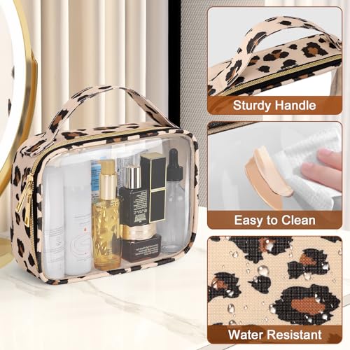 Image of Wedama TSA Approved Toiletry Bag, 3 Pack Clear Makeup Bags with Handles, Quart Size PVC Clear Cosmetic Bags for Women and Men, Carry on Airport Airline Compliant Bag, Leopard Print