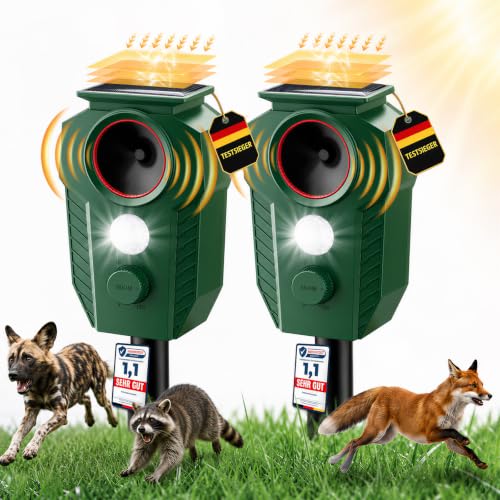 Juego de 2 ahuyentadores de gatos por ultrasonidos para jardín, con detector de movimiento PIR, luz LED de flash y 5 modos, IP65, ahuyentador de martas, jardín solar y ahuyentador de animales para