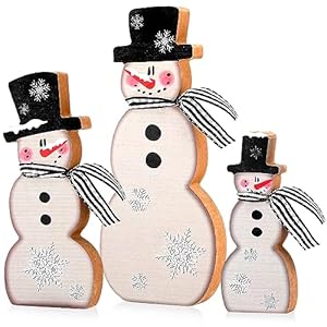Suzile 3 Pcs Winter Tabletop Decorations Signs Wooden Snowman Desktop Ornament Winter Tabletop Figurine for Indoor Home Fireplace Mantel Holiday Party