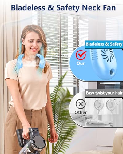 Image of Neck Fans Portable Rechargeable,Neck Fans that Blow Cold Air,Personal Cooling Device Wearable,Mini Ventilador Portatil,Bladeless Hand Free Neck Fan USB Chargeable Hot Flash Presents for Women Men Blue