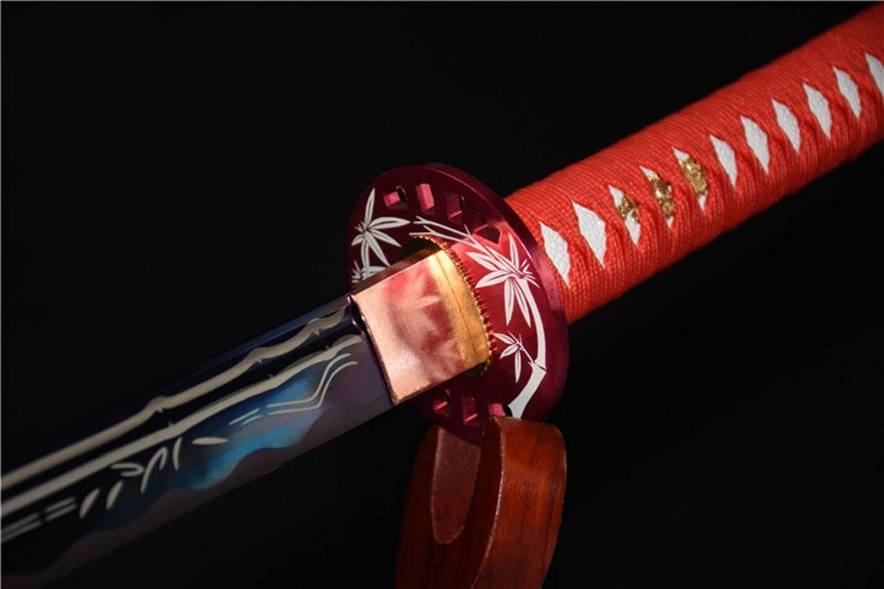 New Handmade Japanese Samurai Sword T1095 High Carbon Steel Katana Engraved Bamboo Blade,Electroplated Puprle,Blue,Gold Blade Full Tang Sharp Combat Ready (Red Bamboo Katana)