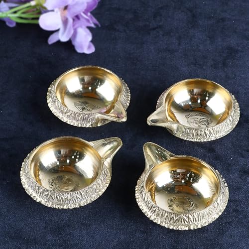 Image of SATVIK Set of 4 - Pure Brass Kuber Diya Oil Lamp for Pooja Home Temple Decor Small Brass Diya for Festival Prayer Diwali Decoration Traditional Metal Lamp