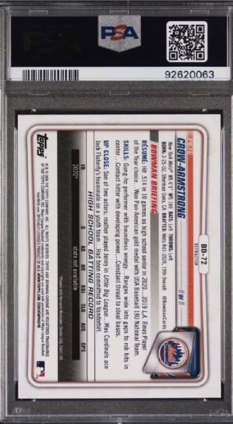 2020 Bowman Draft Chrome REFRACTOR Pete Crow Armstrong Rookie RC Baseball Card Graded PSA 10 Gem Mint Card #BD72