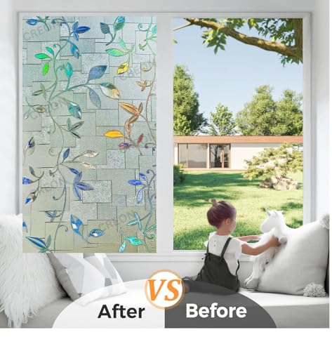 Image of CREON Frosted Window Self Adhesive Privacy Glass Film Decorative Window Sticker for Glass Door, Bathroom, Home, Window (Leaf RANIBOW, 24X108 in)