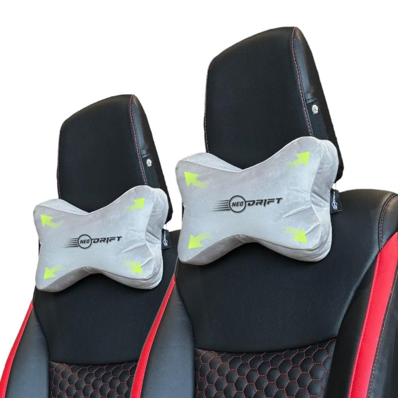Image of Neodrift 'NeckBone' - Neck Rest Cushion Orthopedic Velvet Memory Foam Pillow for Neck, Head, Shoulder Support - Pain Relief for Car, Set of 2 (Colour-Gray)