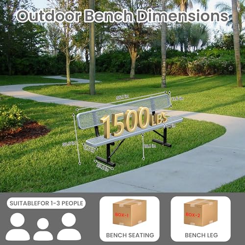Image of 8ft Park Bench with Backrest, Gray Heavy Duty Outdoor Metal Bench Weatherproof Steel Long Playground Bench Seats, Commercial Garden Benches Dock Benches for Lawn, Park, Deck,Patio, Porch