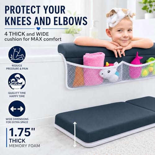 Image of Comfortable Baby Bath Kneeler and Elbow Rest Pad Set, Non-Slip Bathtub Kneeling Pad for Bathing Baby, Bath Tub Cushion Mat, Elbow Pads, Toy Organizer Storage Pockets, Strong Suction Cups (Dark Gray)