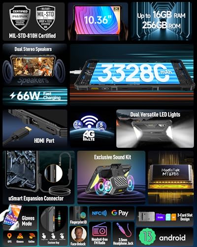 Image of Ulefone Armor Pad 3 Pro Rugged Tablet 4G, 33280mAh(66W), 10.36 inch 2K Display, IP68 /69K, 50MP + 32MP, Dual 1100LM LED Lights, 16GB + 256GB Android 13, uSmart Expansion Connector, HDMI Port, NFC