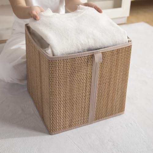 Image of HOKIPO Bamboo Storage Basket - Foldable Storage Bin 31x31 cm Storage Organizer for Clothes, Toys, Laundry & Home Organization, Pack of 1 (AR-6152)
