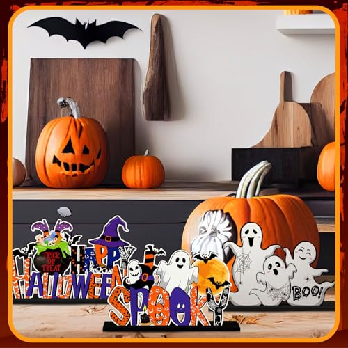 Image of CroBlissful 6 Pcs Halloween Table Centerpiece Decorations Trick or Treat Pumpkin Ghost Wood Centerpiece Happy Halloween Boo Spooky Wooden Signs Table Decor for Living Room Office Kitchen Party Decor