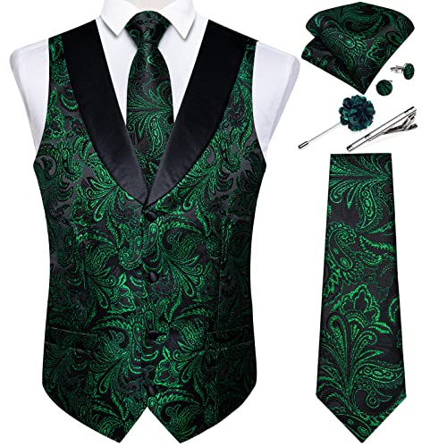 Image of DiBanGu Mens Paisley Suit Vest Silk Jacquard Waistcoat and Necktie Set Formal Shawl Collar Dress Vest 7PCS for Wedding Party