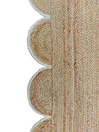 Alfombra de yute natural pequeña trenzada con ribete festoneado blanco roto 3x5 6