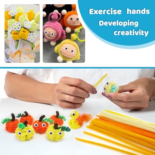 TOAOB 100pcs Cure Pipes en Chenilles Jaune Thème Tiges de Fils Cleaner avec Yeux Mobiles Autocollants Loisirs Creatifs Idéal pour Créer Toutes Sortes d'animaux Travaux Manuels - vue 4