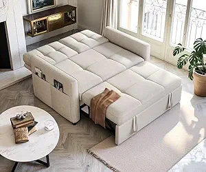 DWVO 55" Convertible Sofa Bed, 3-in-1 Sleeper Sofa with Pull-Out Bed, Linen Futon Couch with Side Pocket and Adjustable Backrest, Modern Loveseat for Living Room, Light Beige