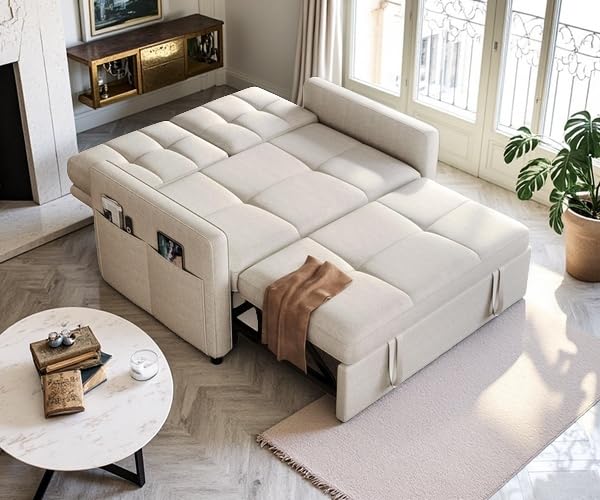 DWVO 55" Convertible Sofa Bed, 3-in-1 Sleeper Sofa with Pull-Out Bed, Linen Futon Couch with Side Pocket and Adjustable Backrest, Modern Loveseat for Living Room, Light Beige