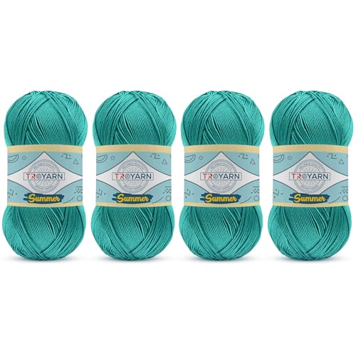 Image of TROYARN Summer (4- Skeins Pack) Silk Effect Hand Knitting Yarn Crochet Art Lace Craft 100% Microfiber Acrylic 4x100 gr (4x383 yds) (105610 - Emerald Green)