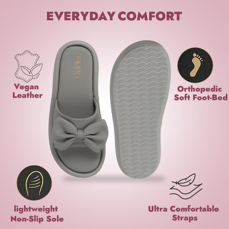 Image of FAUSTO Women Open Toe Bow Design Slip On Sliders | Extra Comfort Cushioned Insole Slippers | Classic Flat Sandals for All Day Long