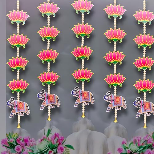 Image of Rajasthan Kraft Pack of 4 Handmade MDF Lotus Decorative Hanging with Beads & Bell Traditional Door & Wall Decor for Makar Sankranti, Lohri, Wedding & Festive Home Decoration 24 x 4 Inch (RK-H-197-4)