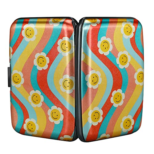 Image of Elfish Mini RFID Aluminum Wallet Credit Cards Holder Business Card Case Metal ID Case for Men Women, Smile Flower