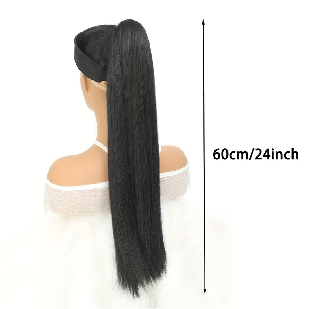 Przedłużenie kucyka Długie, proste, kucykowe przedłużki do włosów dla kobiet, 24-calowy syntetyczny warkocz DIY z gumką Koński ogon(T1BBUG)