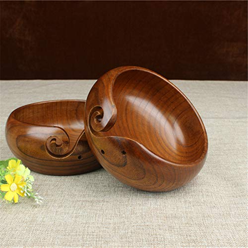 Image of Joyeee 1 Pcs Wooden Yarn Bowl with Lid, Crafted Wooden Weaving Thread Bow with Carved Holes, Premium Knitting Storage Accessories & Supplies, Handcrafted Round Yarn Ball Bowl Brown Box, 16 CM #02