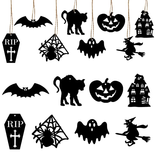 24pcs Ornements d'ornement en bois d'Halloween - Accessoires d'arbre d'Halloween - Fantôme + Sorcière + Citrouille + Chat + Château + Chauve-souris + Pierre tombale + Araignée pour la fête d'Halloween Cover