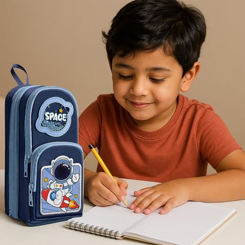 Image of Famyo Blue Space Pencil Case for Kids | Aesthetic School Pencil Box for Boys & Girls | Stationery Pouch with 3 Zipper Compartments | Cute Pencil Pouch for Kids