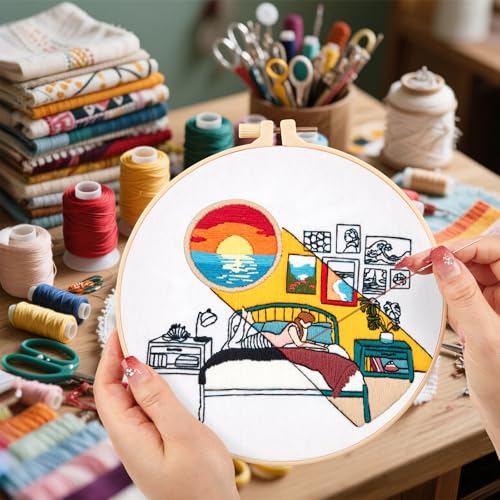 Image of Embroidery Kits for Beginners Adults Sunrise Hand Embroidery Starter Kits, Cross Stitch Kits for Beginners DIY Craft Kits for Adults Women, Entire Set of Embroidery Supplies Full-length Video Tutorial