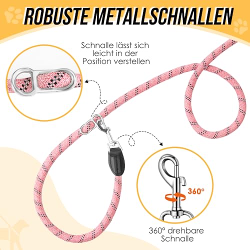 Eyein Hundeleine 3m für Kleine mittelgroße Hunde, 8in1 Schleppleine mit 3 Verstellbare Schnalle und Griffen, Reflektierende Doppelleine für 2 Hunde - Unter 100KG, Verdickte Freihandleinen, Rosa
