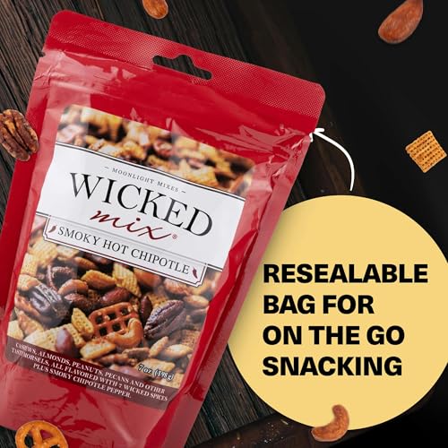 Image of Wicked Mix Snack Mix with Mixed Nuts - Sweet and Salty Snacks Trail Mix Snack Packs with Almonds, Cashews, Pretzels, Pecans - Healthy Snacks Zero Trans Fat in Resealable Bag (Smoky Hot Chipotle, Pack of 3)