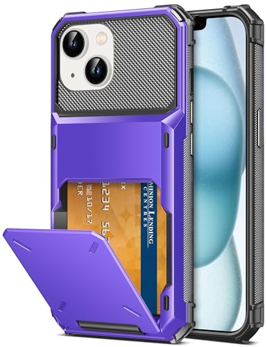 TITACUTE for iPhone 15 Case Wallet 5 Credit Card Holder Flip Cover Design ID Slot Back Pocket Dual Layer Armor Scratch Resistant Hard Shell Hybrid Protective Bumper for iPhone 15 6.1 Purple