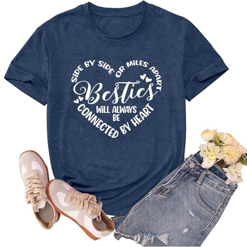 sallrue Best Friend Shirts for Women Besties Heart Tshirts Besties Connected by Heart Tee Tops Blue
