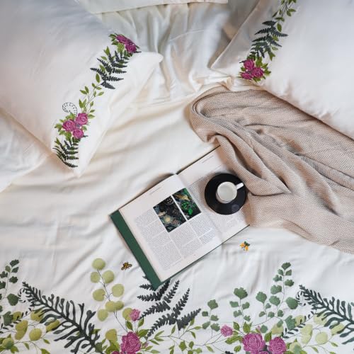 Image of Embroidered Premium Bedsheet Set | 300 TC 100% Cotton 1 Queen Bedsheet Set | Extra Smoothness with Sateen Weave| Autumn Ivory Bedsheet Set (1 Flat Sheet + 2 Pillow Cases)