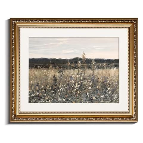 InSimSea Gold Picture Framed Wall Art, Living Room Bathroom Vintage Meadow with Flowers Pictures Wall Decor, Canvas Print Art, Home Farmhouse Decor, Antique Paintings with Frames 13x16inch Cover