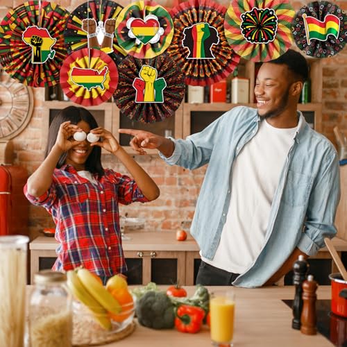 Image of Affrolling 18 Pack Juneteenth Party Decorations Including 9 Pcs Juneteenth Hanging Paper Fans and 9 Pcs African Heritage Sticker Kente Ceiling Wall Garland for African American Party