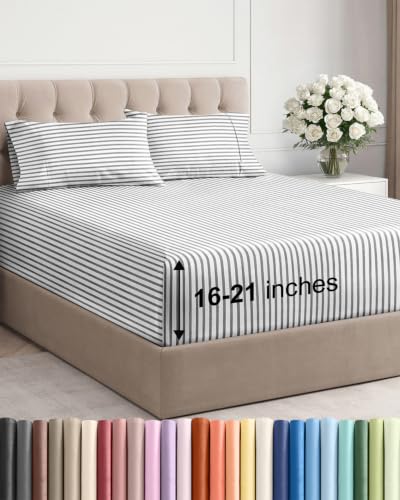 Image of Extra Deep Pocket King Size Sheet Set - Breathable & Cooling - Grey Stripes