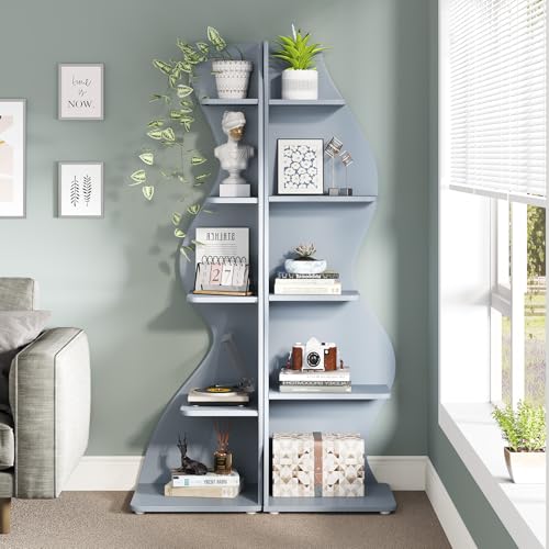 Image of Tribesigns Corner Shelf, Modern 5-Tier Wall Corner Bookshelf, Stylish Corner Small Bookcase Storage Rack Plant Stand with Unique Shape for Living Room, Home Office (Blue, 2PCS)