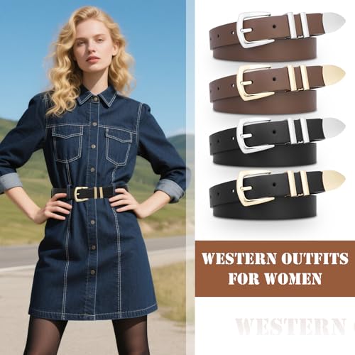 2 Pack Women Leather Belt Black Western Wais Belt with Gold Buckle Women for Jeans Pants3