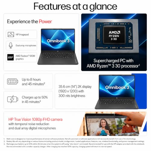 Image of HP OmniBook 3 14 inch Laptop PC, FHD Display, 300 NIts, AMD Ryzen 3 30, 8 GB DDDR5 RAM, 512 GB Gen4 NVMe SSD, AMD Radeon 610M Graphics, Win11, M365* Office24, Iron Gray, 14-hy0030AU