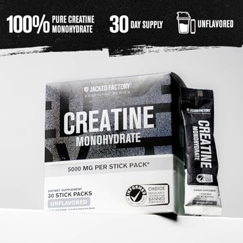 Image of Jacked Factory Creatine Monohydrate Stick Packs 150g - 5g Daily Creatine Supplement for Men and Women, Vegan-Friendly, Third-Party Tested - 30 Servings, Unflavored