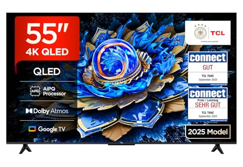 TCL 55T69C 55 Zoll QLED, Direct LED TV, 4K HDR TV, Smart Google TV (Dolby Vision & Atmos, Motion Clarity, Kompatibel mit Google Assistant & Alexa)
