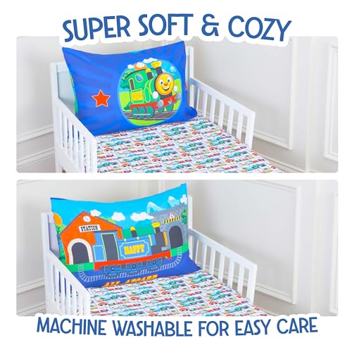 Image of Todays Kids Choo Choo Train Toddler Bed Sheets for Boys - 2-Piece Baby Crib Sheets Boy Crib Size, 28x52 Fitted Sheet & 20x30 Pillowcase, Soft Breathable & Fade-Resistant Microfiber, Machine Washable