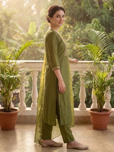 Image of INDO ERA Solid Straight Pure Cotton Kurta with Pant & Dupatta Set for Women
